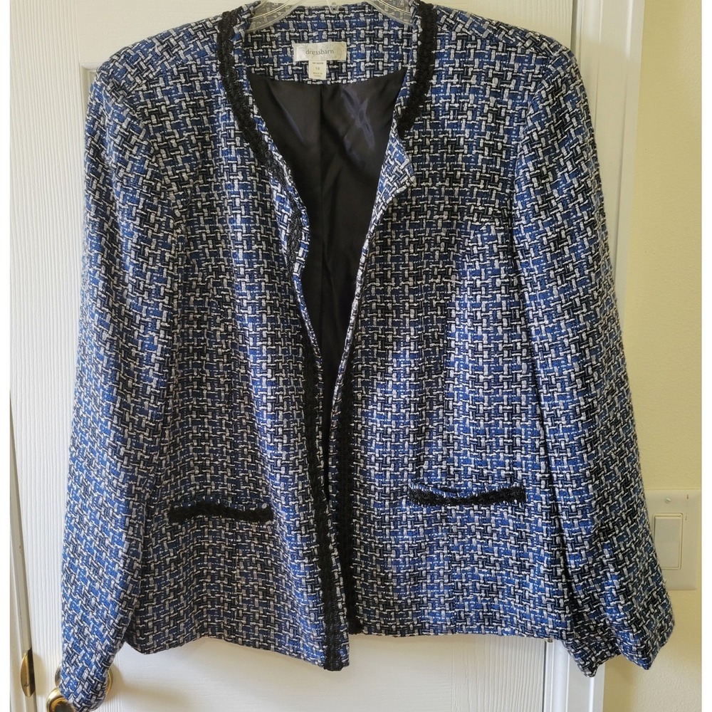 Dressbarn Tweed Blazer Size 18 Blue Black Gray Open Front Pockets Lined